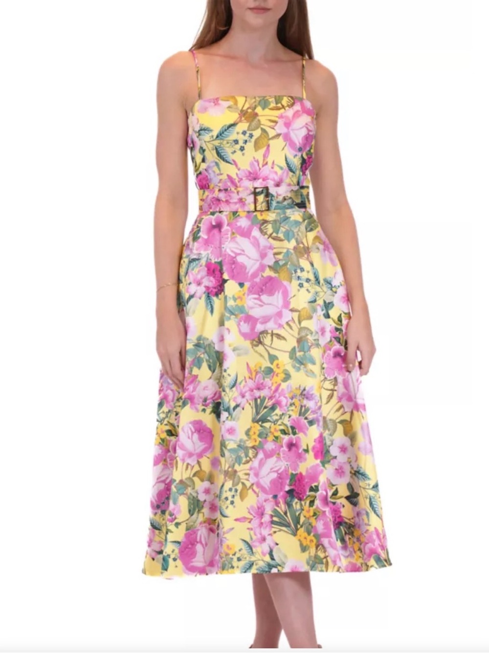 Julia Jordan Floral Midi Dress with Belt - Pink & Yellow